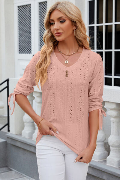 Eyelet Drawstring V-Neck Half Sleeve T-Shirt - aurelia-clothing-8955