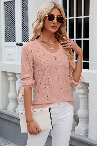 Eyelet Drawstring V-Neck Half Sleeve T-Shirt - aurelia-clothing-8955