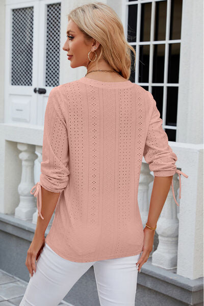 Eyelet Drawstring V-Neck Half Sleeve T-Shirt - aurelia-clothing-8955