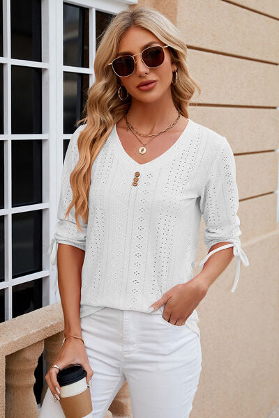 Eyelet Drawstring V-Neck Half Sleeve T-Shirt - aurelia-clothing-8955