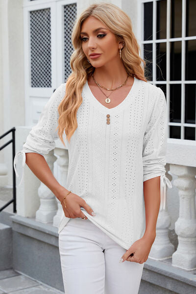 Eyelet Drawstring V-Neck Half Sleeve T-Shirt - aurelia-clothing-8955