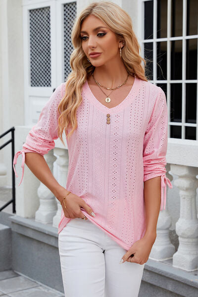 Eyelet Drawstring V-Neck Half Sleeve T-Shirt - aurelia-clothing-8955
