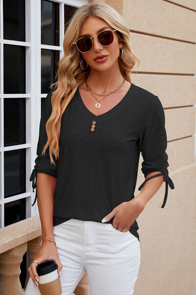 Eyelet Drawstring V-Neck Half Sleeve T-Shirt - aurelia-clothing-8955
