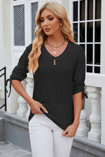 Eyelet Drawstring V-Neck Half Sleeve T-Shirt - aurelia-clothing-8955