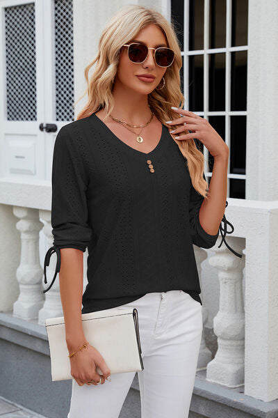 Eyelet Drawstring V-Neck Half Sleeve T-Shirt - aurelia-clothing-8955
