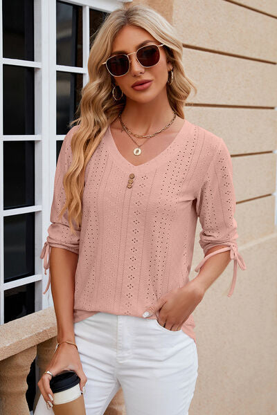 Eyelet Drawstring V-Neck Half Sleeve T-Shirt - aurelia-clothing-8955