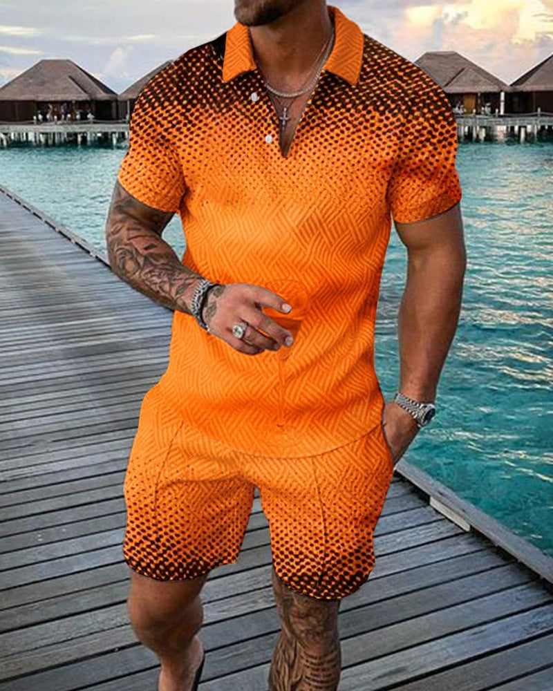 New Men's Fashion Casual Suit 3D Print Zip Short Sleeve Polo Shirt Shorts 2 Piece Set - Free Shipping - Aurelia Clothing