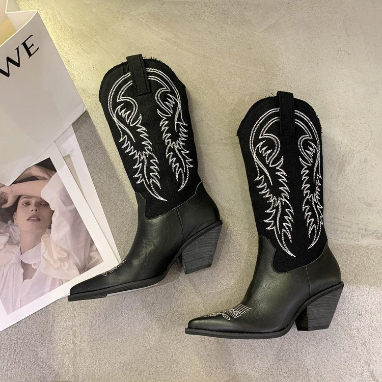 Fashion Embossed Microfiber Leather Women Boots Pointed Toe Western Cowboy Boots Women Knee-High Boots Chunky Wedges - Free Shipping - aurelia-clothing-8955