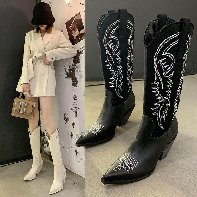 Fashion Embossed Microfiber Leather Women Boots Pointed Toe Western Cowboy Boots Women Knee-High Boots Chunky Wedges - Free Shipping - aurelia-clothing-8955