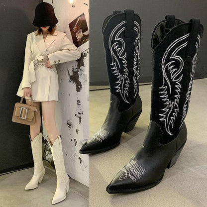 Fashion Embossed Microfiber Leather Women Boots Pointed Toe Western Cowboy Boots Women Knee-High Boots Chunky Wedges - Free Shipping - aurelia-clothing-8955