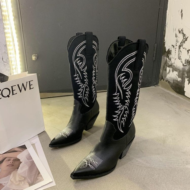 Fashion Embossed Microfiber Leather Women Boots Pointed Toe Western Cowboy Boots Women Knee-High Boots Chunky Wedges - Free Shipping - aurelia-clothing-8955