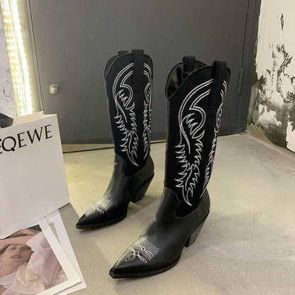 Fashion Embossed Microfiber Leather Women Boots Pointed Toe Western Cowboy Boots Women Knee-High Boots Chunky Wedges - Free Shipping - aurelia-clothing-8955