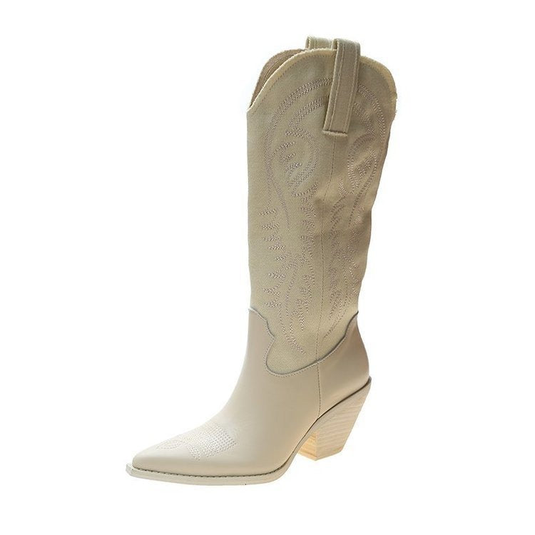 Fashion Embossed Microfiber Leather Women Boots Pointed Toe Western Cowboy Boots Women Knee-High Boots Chunky Wedges - Free Shipping - aurelia-clothing-8955