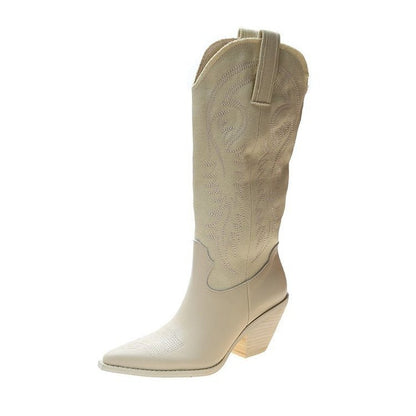 Fashion Embossed Microfiber Leather Women Boots Pointed Toe Western Cowboy Boots Women Knee-High Boots Chunky Wedges - Free Shipping - aurelia-clothing-8955
