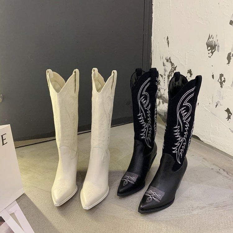 Fashion Embossed Microfiber Leather Women Boots Pointed Toe Western Cowboy Boots Women Knee-High Boots Chunky Wedges - Free Shipping - aurelia-clothing-8955