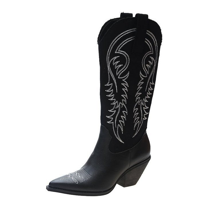Fashion Embossed Microfiber Leather Women Boots Pointed Toe Western Cowboy Boots Women Knee-High Boots Chunky Wedges - Free Shipping - aurelia-clothing-8955