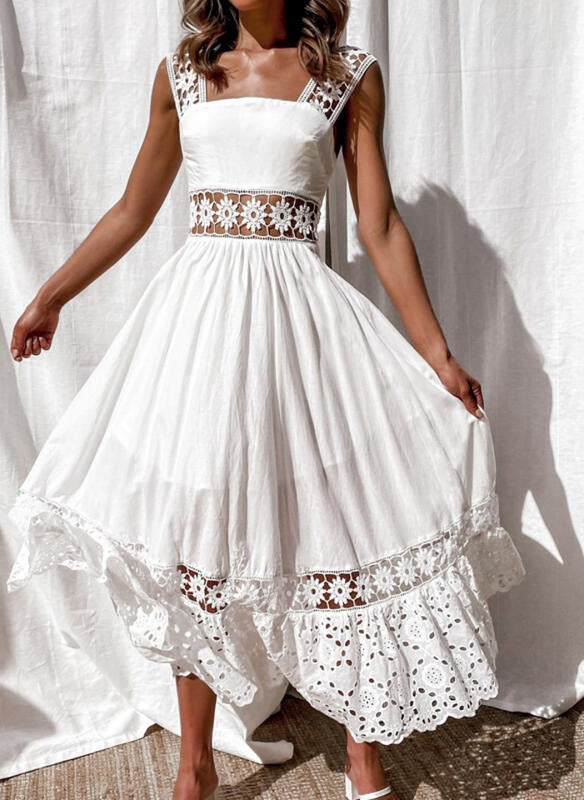 Fashionable lace sleeveless patchwork large hem long dress - Free Shipping - aurelia-clothing-8955