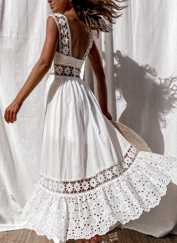 Fashionable lace sleeveless patchwork large hem long dress - Free Shipping - aurelia-clothing-8955