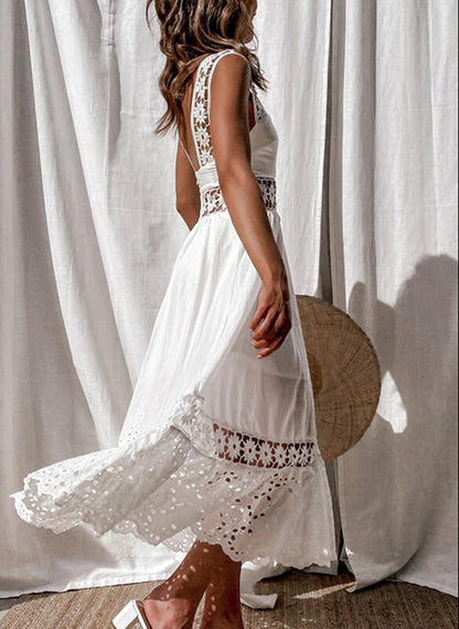 Fashionable lace sleeveless patchwork large hem long dress - Free Shipping - aurelia-clothing-8955