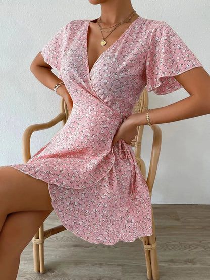 Floral Flutter Sleeve Wrap Mini Dress - Free Shipping - aurelia-clothing-8955