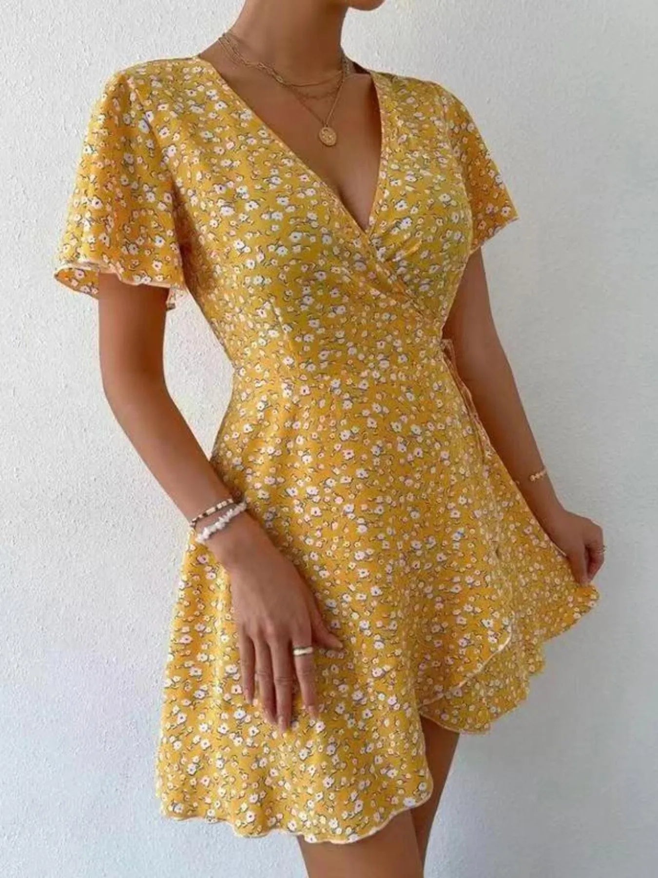 Floral Flutter Sleeve Wrap Mini Dress - Free Shipping - aurelia-clothing-8955