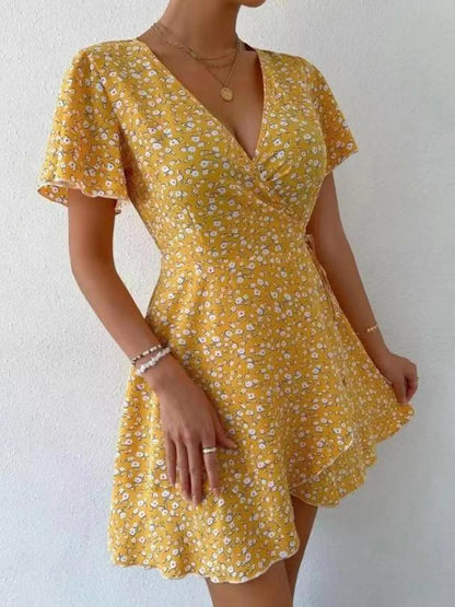 Floral Flutter Sleeve Wrap Mini Dress - Free Shipping - aurelia-clothing-8955