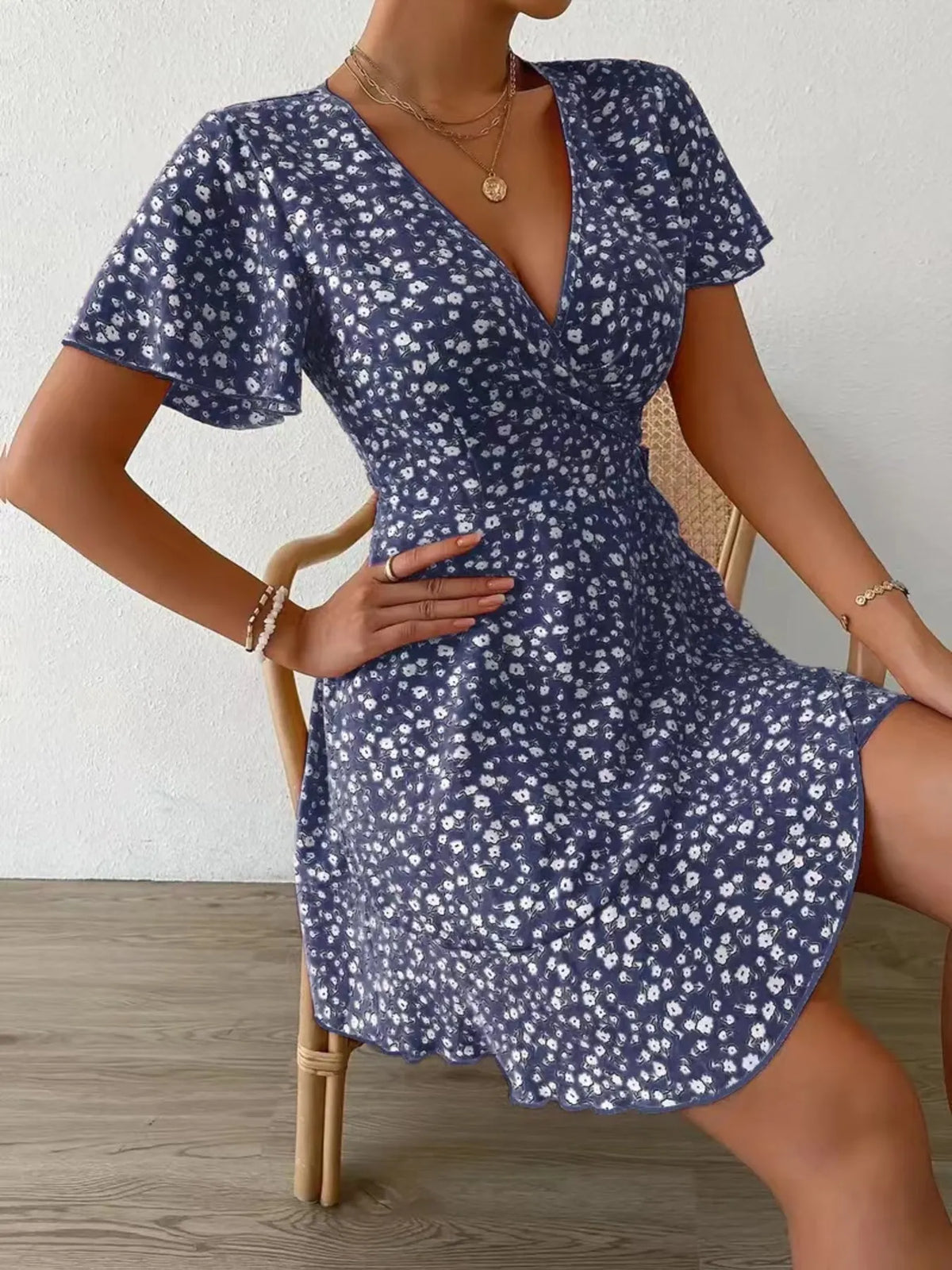 Floral Flutter Sleeve Wrap Mini Dress - Free Shipping - aurelia-clothing-8955
