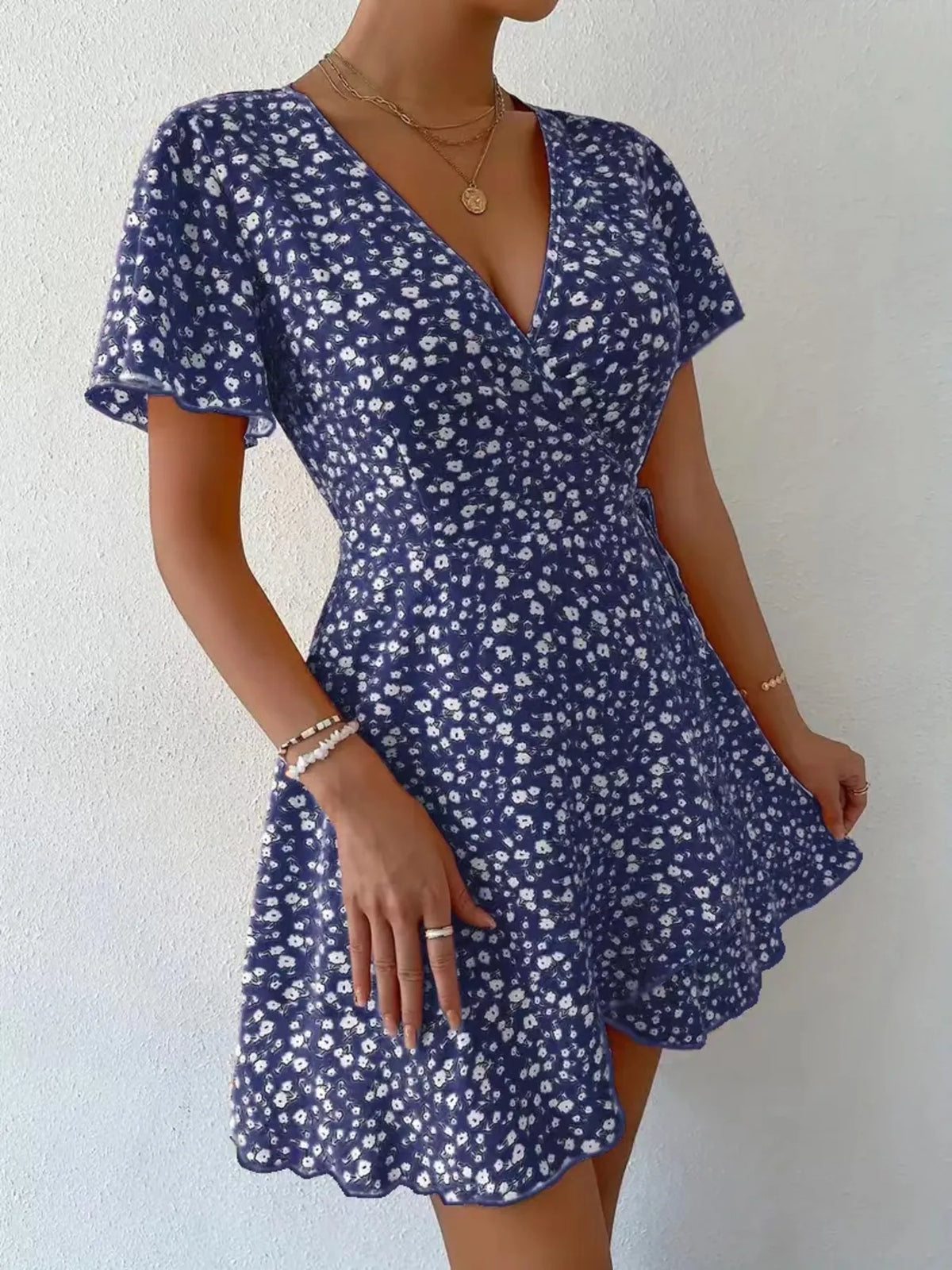 Floral Flutter Sleeve Wrap Mini Dress - Free Shipping - aurelia-clothing-8955
