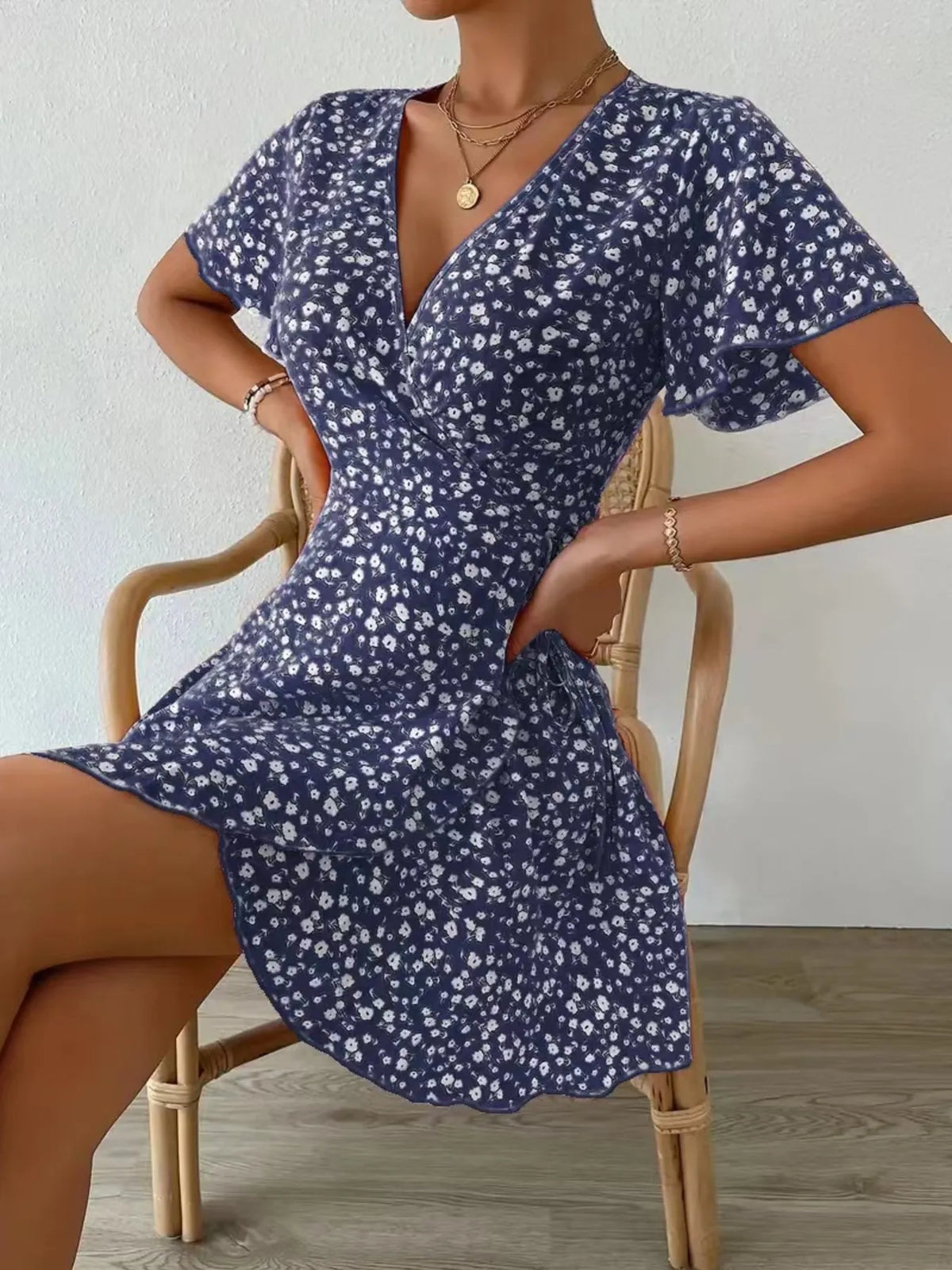 Floral Flutter Sleeve Wrap Mini Dress - Free Shipping - aurelia-clothing-8955