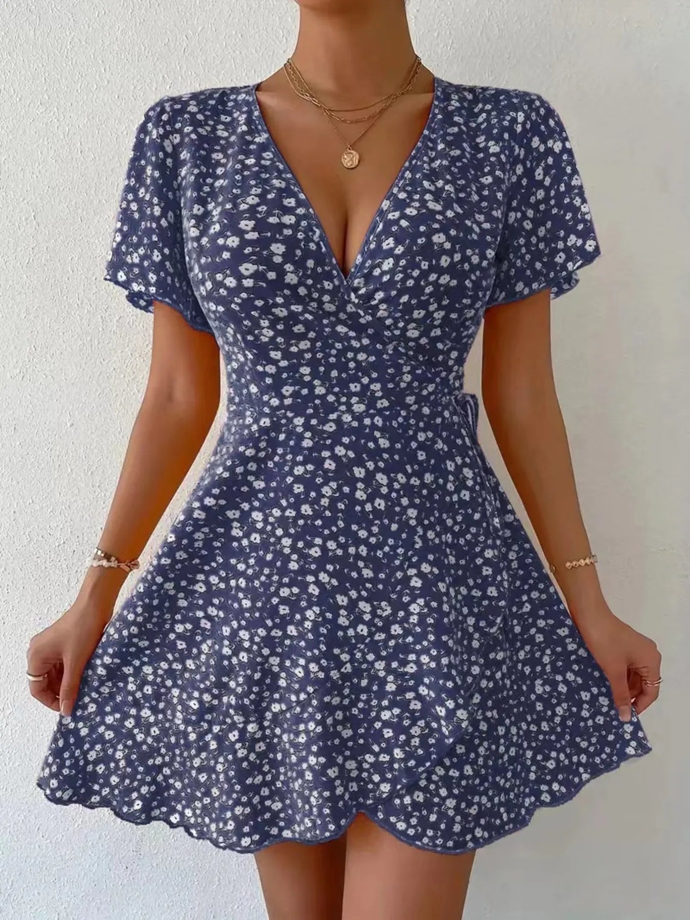 Floral Flutter Sleeve Wrap Mini Dress - Free Shipping - aurelia-clothing-8955