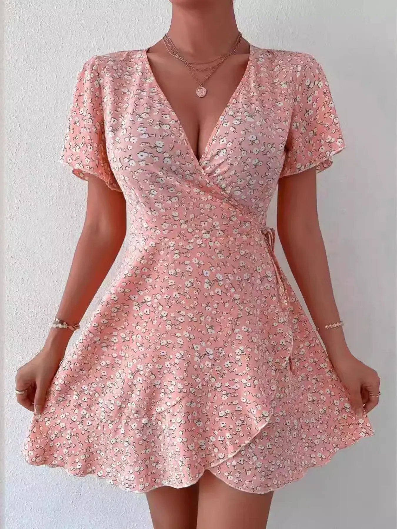 Floral Flutter Sleeve Wrap Mini Dress - Free Shipping - aurelia-clothing-8955