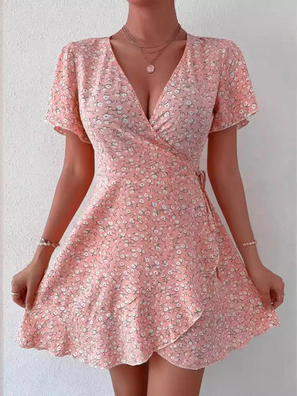 Floral Flutter Sleeve Wrap Mini Dress - Free Shipping - aurelia-clothing-8955