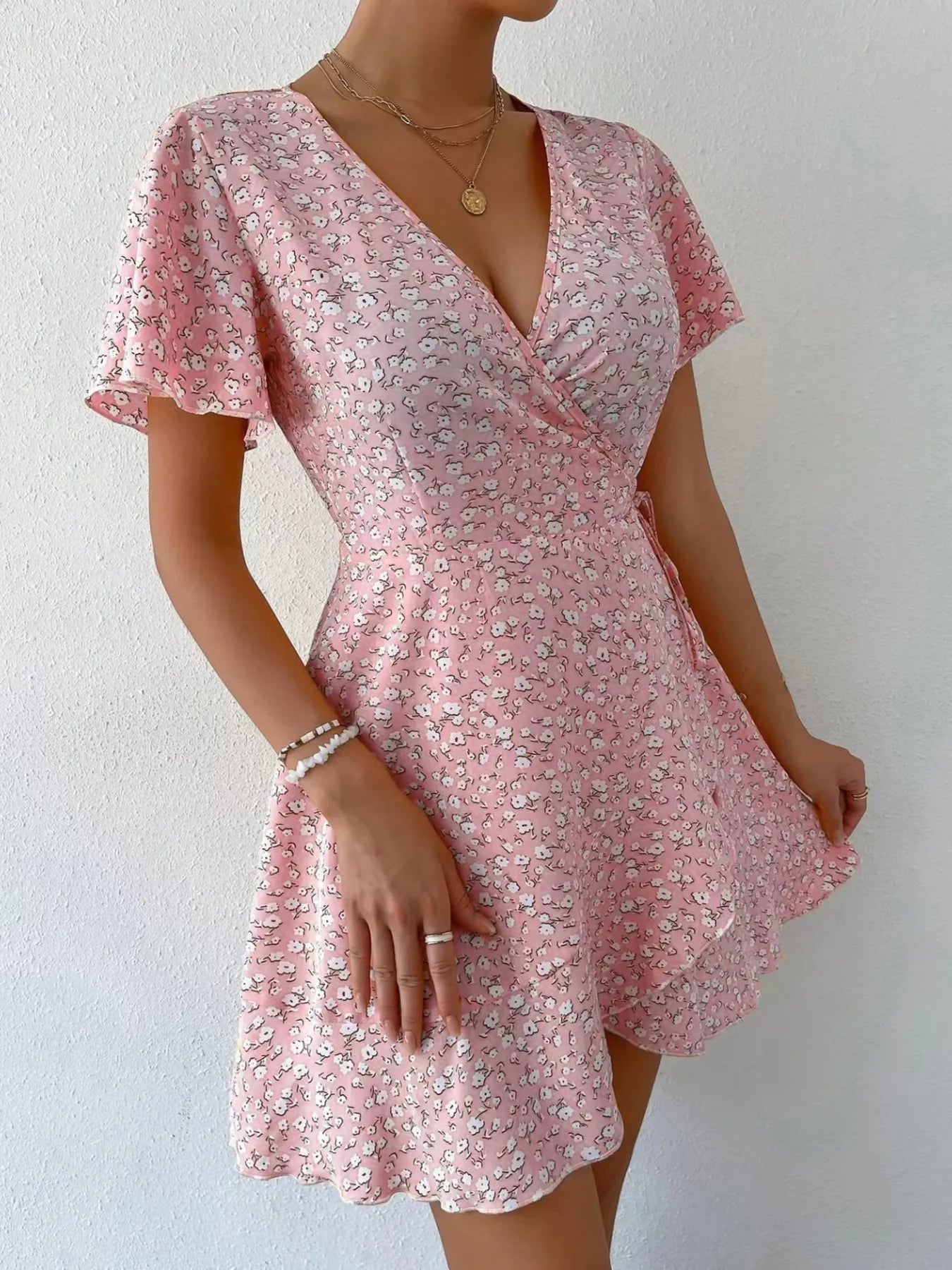 Floral Flutter Sleeve Wrap Mini Dress - Free Shipping - aurelia-clothing-8955