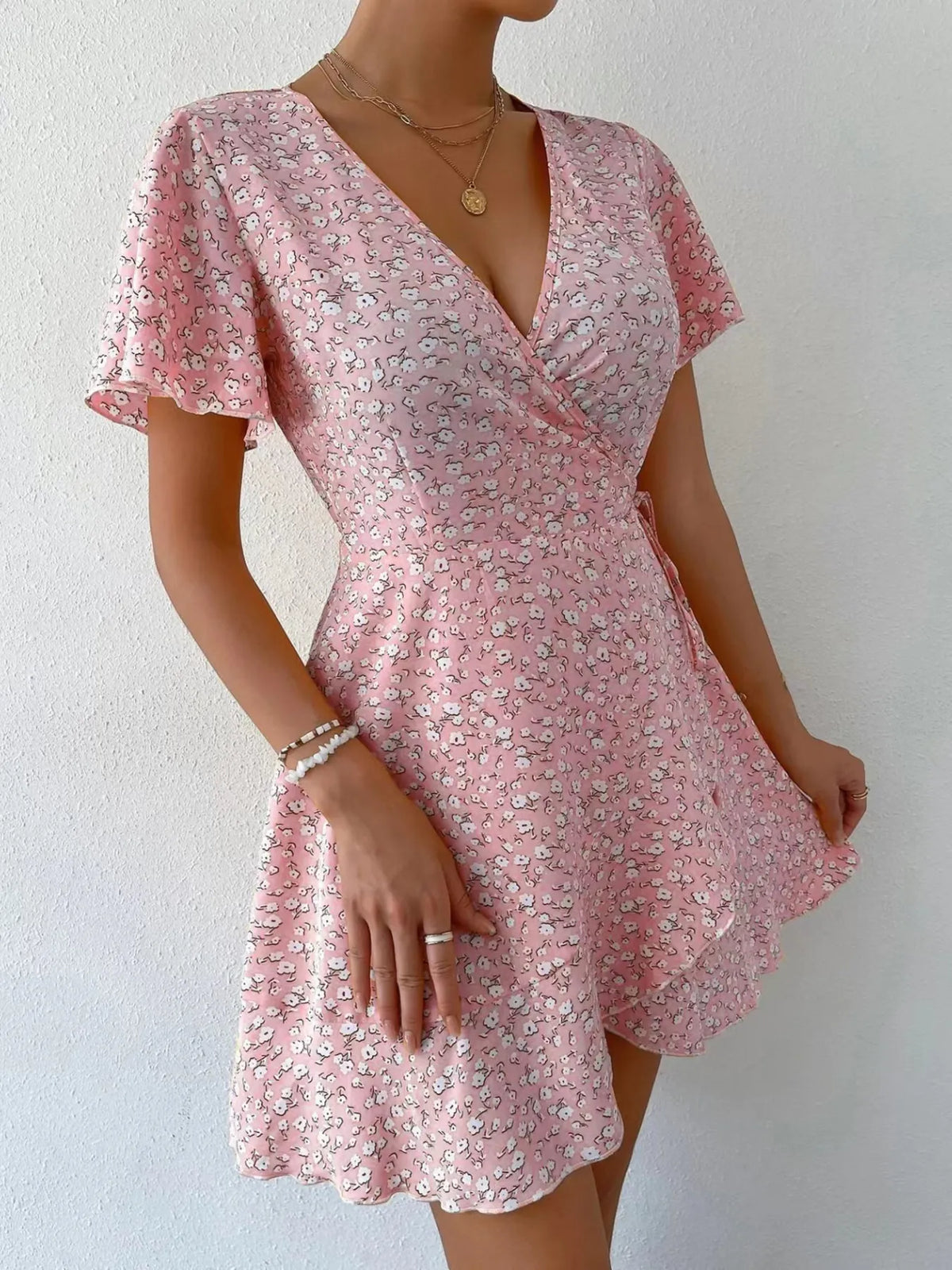 Floral Flutter Sleeve Wrap Mini Dress - Free Shipping - aurelia-clothing-8955