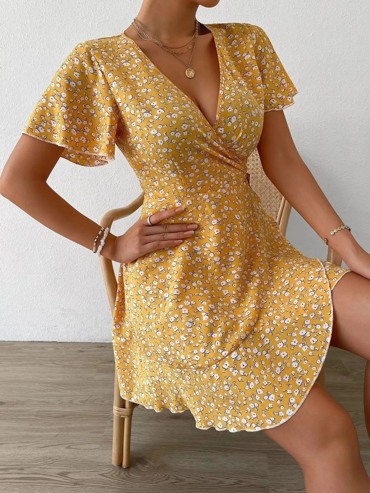 Floral Flutter Sleeve Wrap Mini Dress - Free Shipping - aurelia-clothing-8955
