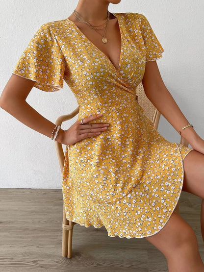 Floral Flutter Sleeve Wrap Mini Dress - Free Shipping - aurelia-clothing-8955