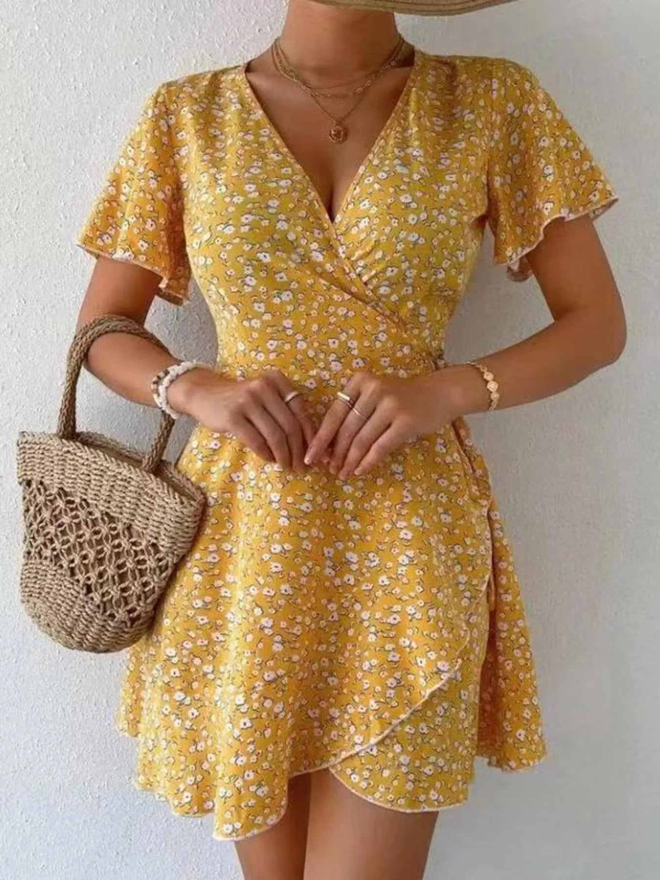 Floral Flutter Sleeve Wrap Mini Dress - Free Shipping - aurelia-clothing-8955