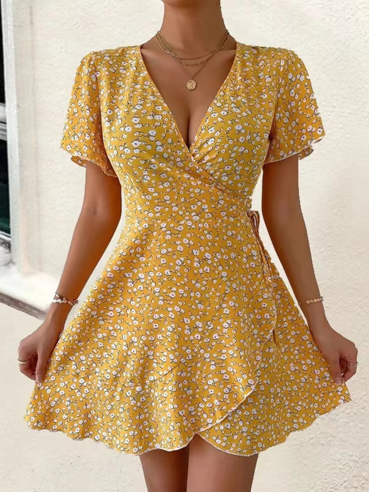 Floral Flutter Sleeve Wrap Mini Dress - Free Shipping - aurelia-clothing-8955
