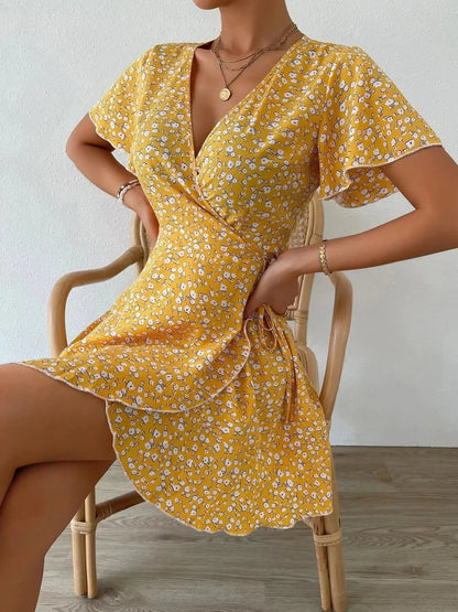 Floral Flutter Sleeve Wrap Mini Dress - Free Shipping - aurelia-clothing-8955