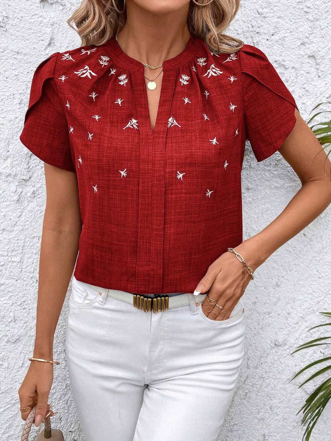 Floral Notched Short Sleeve Blouse - aurelia-clothing-8955
