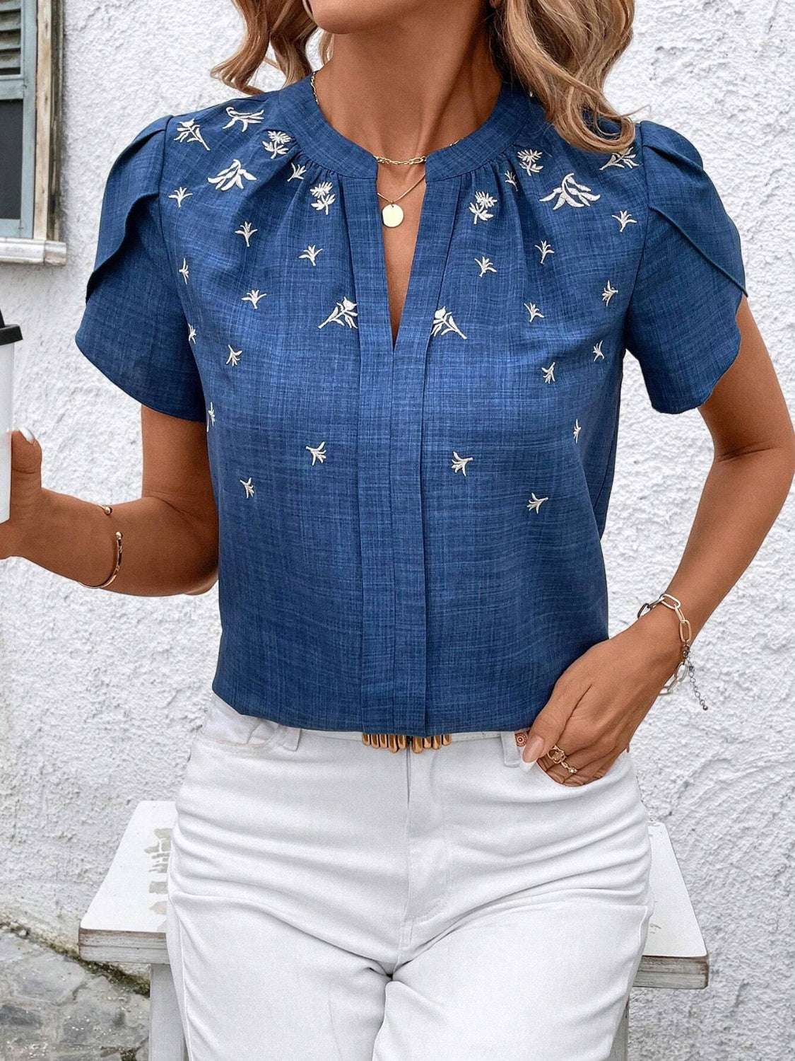 Floral Notched Short Sleeve Blouse - aurelia-clothing-8955