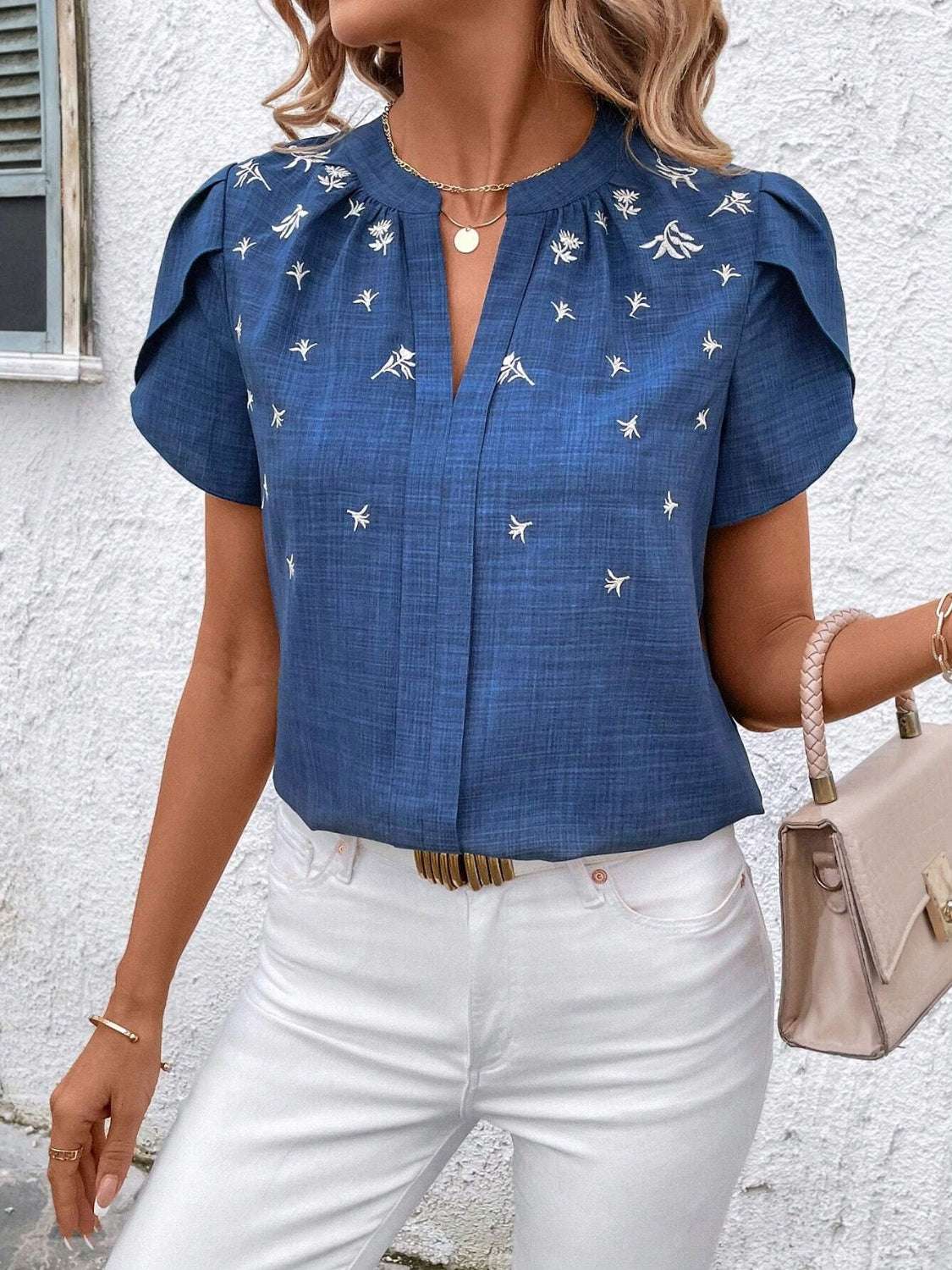 Floral Notched Short Sleeve Blouse - aurelia-clothing-8955