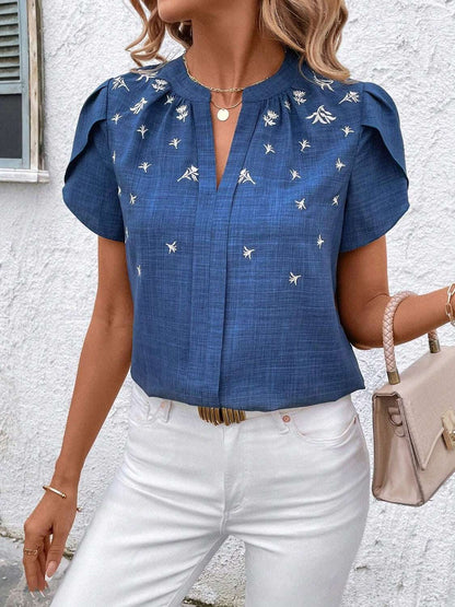 Floral Notched Short Sleeve Blouse - aurelia-clothing-8955