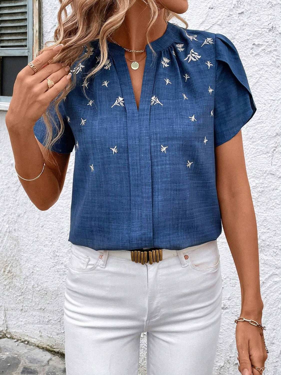 Floral Notched Short Sleeve Blouse - aurelia-clothing-8955