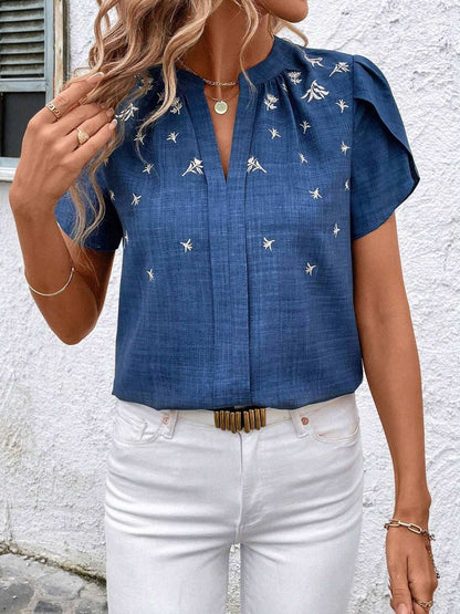 Floral Notched Short Sleeve Blouse - aurelia-clothing-8955