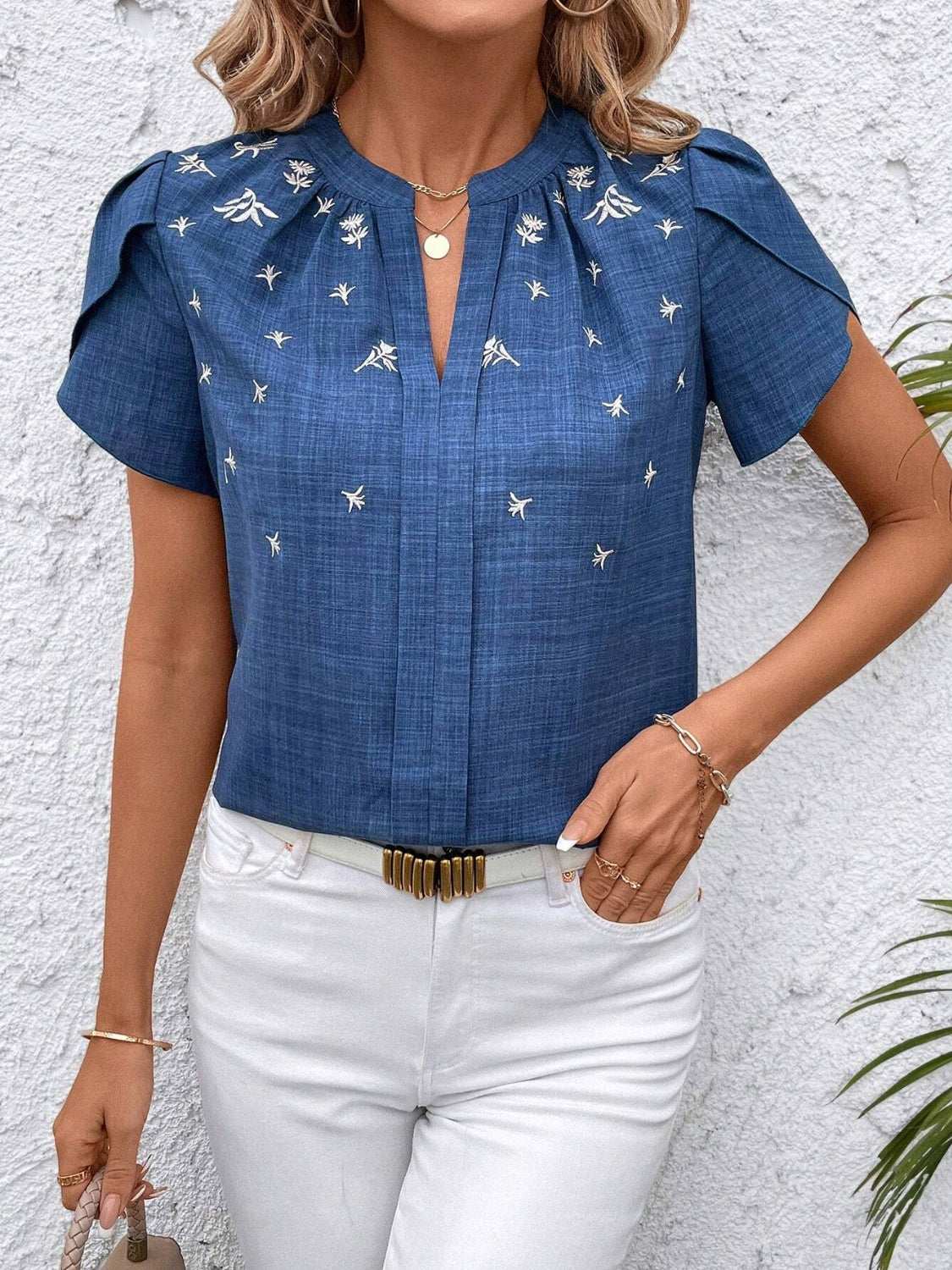 Floral Notched Short Sleeve Blouse - aurelia-clothing-8955