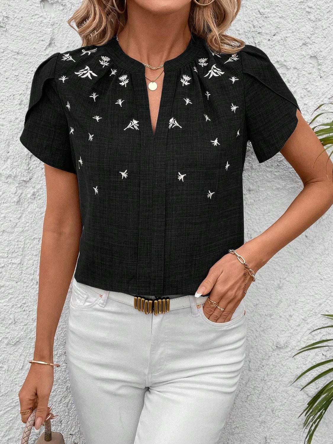 Floral Notched Short Sleeve Blouse - aurelia-clothing-8955