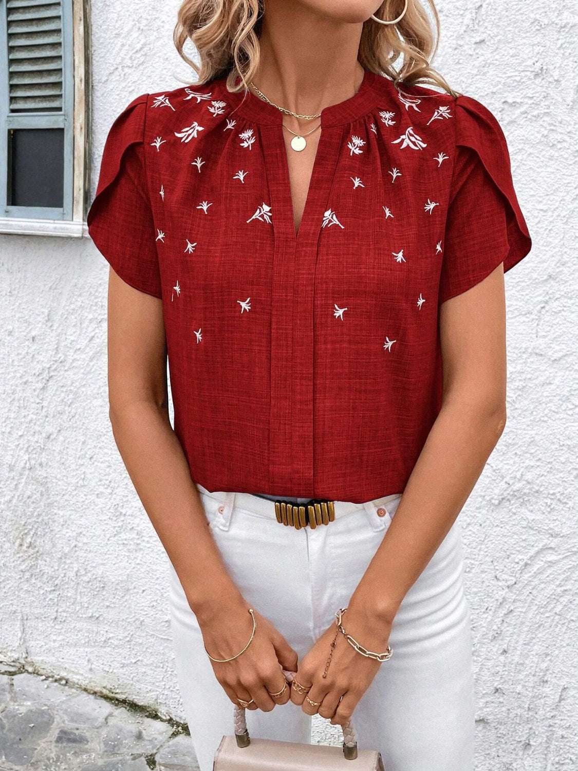 Floral Notched Short Sleeve Blouse - aurelia-clothing-8955