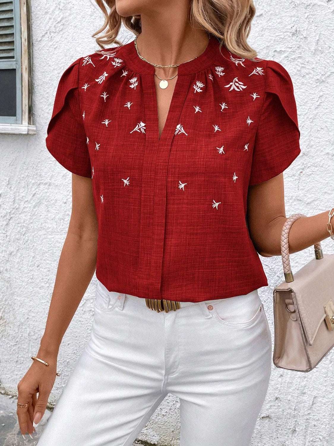 Floral Notched Short Sleeve Blouse - aurelia-clothing-8955