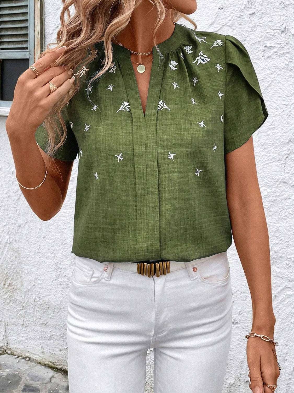 Floral Notched Short Sleeve Blouse - aurelia-clothing-8955